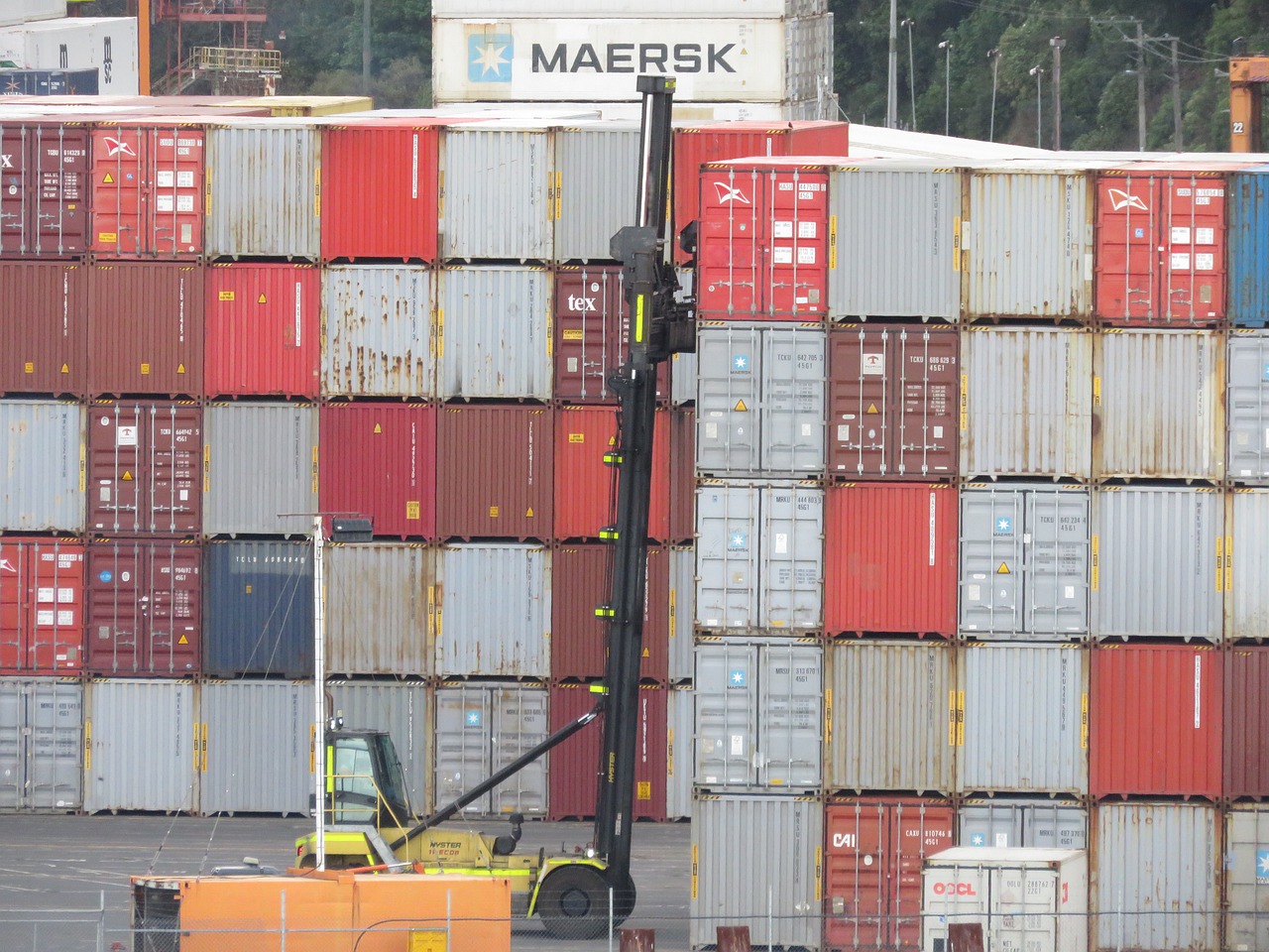 shipping containers, port, fork lift